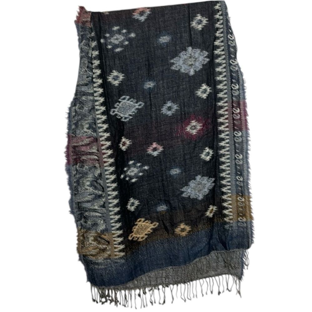 Navy blue Aztec print wool scarf with fringe